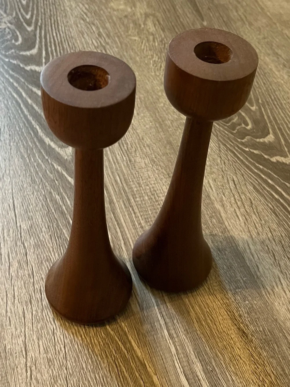 2 MCM Brown Wooden Candle Stick Holders Mid-Century Modern Contemporary